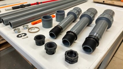 Aufkleber - A closeup of different types of connectors and fittings laid out on a bench illustrating the various components needed for stormwater drainage systems assembly.