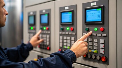 Aufkleber - A closeup of control panels featuring digital displays and buttons with operators adjusting settings emphasizing the humanmachine interface in an industrial environment.