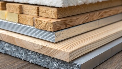 Poster - A closeup of different textures of building materialswood metal and insulationstacked on site emphasizing the variety utilized in construction.