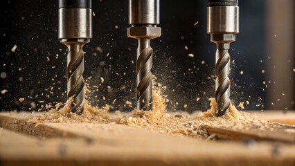 Aufkleber - A closeup of drill bits trating wood and metal dust and shavings flying revealing the dynamic nature of construction equipment in action.