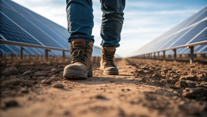 Poster - A closeup of feet in heavyduty boots walking along a path between rows of freshly installed solar panels highlighting the rugged terrain and the workers connection to the site.