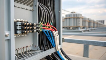 Aufkleber - A closeup of electrical wiring being organized and installed within the cooling tower structure revealing intricate connections and ensuring operational efficiency.
