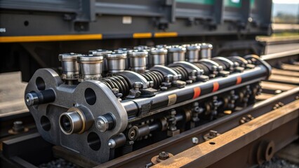 Aufkleber - A closeup of engine components including valves and exhaust systems sitting on a freight car showcasing the precision engineering involved.