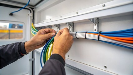 Aufkleber - A closeup of hands arranging electrical wiring inside a temporary office trailer highlighting the attention to safety and detail in the setup process.