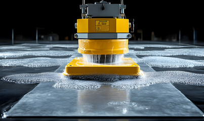 Poster - Yellow machine cleaning glass, factory bubbles