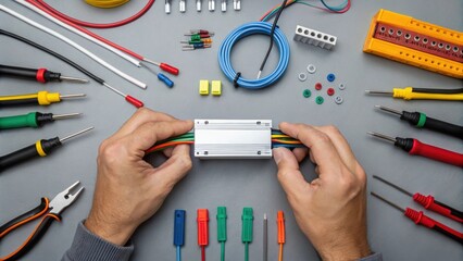 Poster - A closeup of hands connecting electrical wires to an LED driver surrounded by various colorful connectors and tools on a workbench.