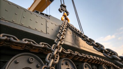 Poster - A closeup of heavyduty chains wrapping around a tank section as a crane lifts it into position illustrating the equipment used in moving large components.