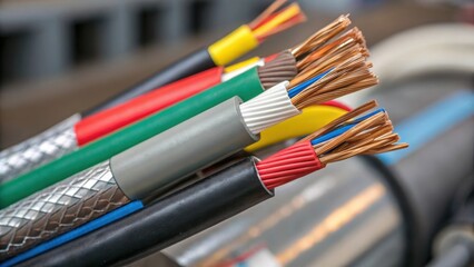 Aufkleber - A closeup of heavyduty cables in various stages of assembly revealing exposed wires intertwined amidst colorful protective layers emphasizing the complexity of the design.