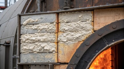 Poster - A closeup of heavyduty insulation materials being patched on the exterior of a massive industrial furnace showcasing texture and wear from high heat.