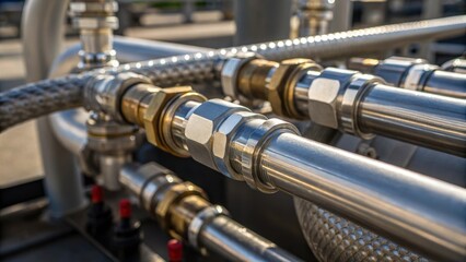 Aufkleber - A closeup of intricate piping connections on a highpressure testing rig featuring metallic fittings and rubber seals with sunlight glinting off the polished surfaces.