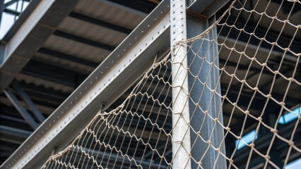 Aufkleber - A closeup of mesh netting against a backdrop of steel beams illustrating the contrast between soft materials and industrial surroundings.