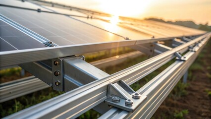 Aufkleber - A closeup of metal brackets being aligned for a solar farm structure the sun gleaming off the fresh metal symbolizing innovation in green technology.