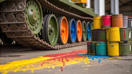 Poster - A closeup of paint cans stacked carelessly next to an almostcomplete tank painting project with drips of bright paint trailing onto the ground portraying the creative chaos of
