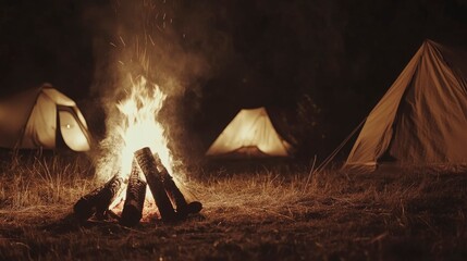 Canvas Print - Campfire Burning Brightly Between Camping Tents At Night