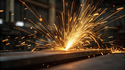 Aufkleber - A closeup of molten metal splattering surrounded by arcs of golden sparks with a blurred workshop setting providing depth.