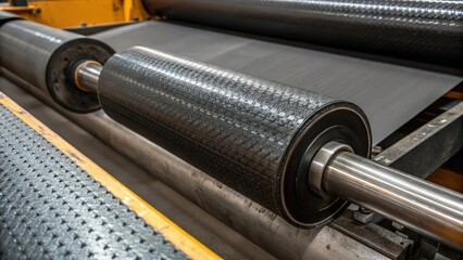 Aufkleber - A closeup of rubber conveyor belt material being fed onto a set of rollers capturing the texture and engineering required for functionality.