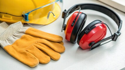 Poster - A closeup of safety equipment showing gloves and ear protection resting on a clean surface emphasizing the importance of safety standards during maintenance tasks.