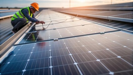 Aufkleber - A closeup of solar panels being installed on the roof of a biogas plant with a worker attaching wiring as the sunlight reflects off the panels.