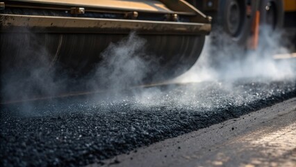 Aufkleber - A closeup of steaming asphalt being laid down with the hot material spreading out as the paver advances showcasing the rich black color and subtle shimmer from the heat.