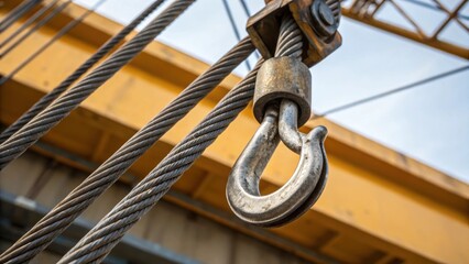 Poster - A closeup of steel cables being carefully threaded through a cranes hook emphasizing the tension and strength required for lifting heavy loads.