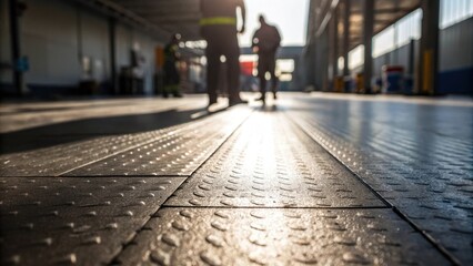 Aufkleber - A closeup of textured flooring that exhibits wear under intense light revealing the durability and resilience needed for industrial environments as workers shadows loom nearby.
