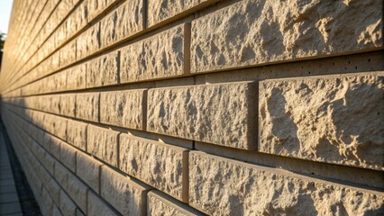 Poster - A closeup of textured surfaces on the prefabricated wall highlighting the material quality as sunlight casts shadows underlining the durability of the construction materials.