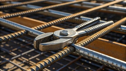 Aufkleber - A closeup of sparkling metal clamping tools securing rebars together showcasing both utility and craftsmanship in the construction process.