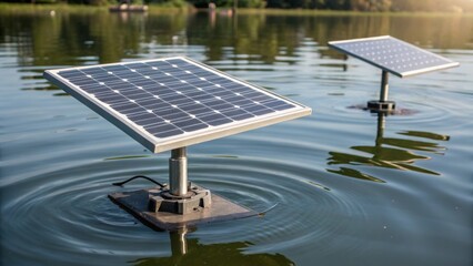 Aufkleber - A closeup of the anchors holding the floating solar array in place with water ripples and reflections creating a contrast between terrestrial technology and aquatic surroundings.