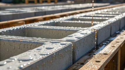 Poster - A closeup of the concrete curing process showing wet concrete being poured into molds for prefabricated components with droplets glistening in the sunlight.