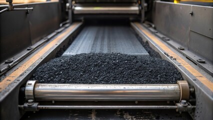 Aufkleber - A closeup of the asphalt paving machines conveyor belt with dark asphalt material being fed into the heated chamber revealing the machines intricate mechanics.