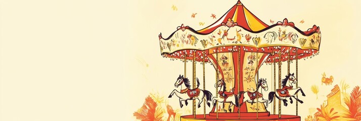 Poster - Colorful carousel with ornate horses spinning in a carnival setting during daytime fun for children. Generative AI