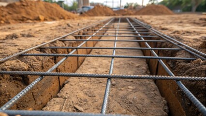 Poster - A closeup of the ground preparation stage featuring compacted soil and reinforcement bars being p precisely for the underground framework.