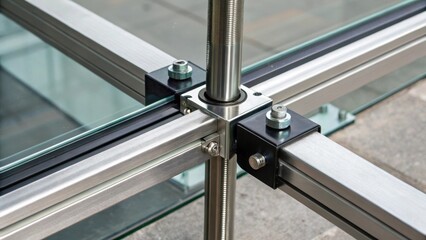 Aufkleber - A closeup of the fastening mechanism used to secure glass panels to the steel frame providing insight into the merger of form and function.