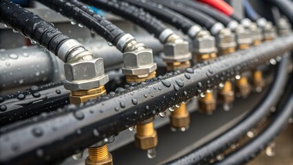 Aufkleber - A closeup of the intricate connections between hoses and valves with water droplets forming on the fittings emphasizing the maintenance of sanitation and functionality.