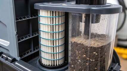 Poster - A closeup of the intricate filtration system installed within the cleaning apparatus emphasizing the layered filters and transparent container filled with collected debris.