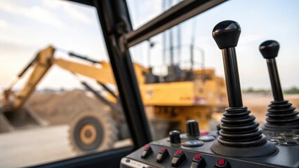 Aufkleber - A closeup of the intricate control levers inside the operators cabin with a blurred view of the heavy equipment being lifted emphasizing the operators skill.