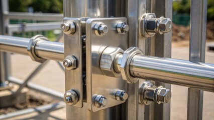Aufkleber - A closeup of the intricate details of a newly installed distribution gate metal parts gleaming and securely fastened signifying a crucial element of the irrigation system.