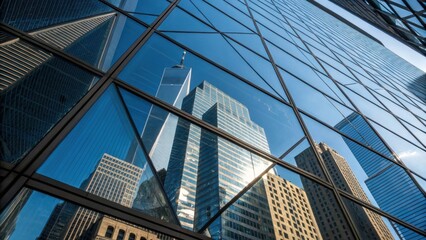 Aufkleber - A closeup of the reflective surface of glass showcasing the interplay of light and shadows with surrounding steel structures creating a dynamic visual effect.
