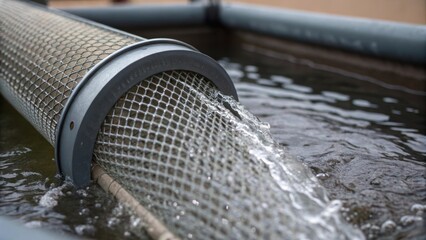Poster - A closeup of the pumps intake screen revealing fine mesh details that filter out debris with water flowing through it creating ripples against the metal.