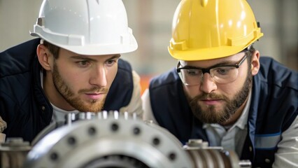 Aufkleber - A closeup of two engineers studying a complex machine part together with their focused expressions captured emphasizing collaboration and precision.