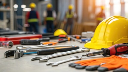 Aufkleber - A closeup of various tools spread out on a workbench including wrenches clamps and safety gear with a blurred background of the busy workshop.