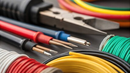 Aufkleber - A closeup of various wire gauges and colors being prepared and with precision tools emphasizing the variety and careful selection of materials used in the wiring process.