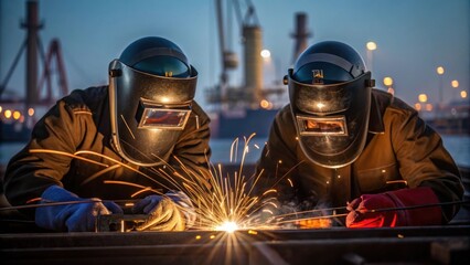 Poster - A closeup of welders at work sparks flying as they join metal parts together with the soft hum of machinery and distant sounds of the harbor creating an industrious backdrop.