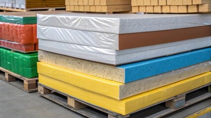 Poster - A closeup of various insulation materials stacked on pallets highlighting colors and texturesthe smoothness of foam the fibrous nature of wool and the shiny surface of reflective
