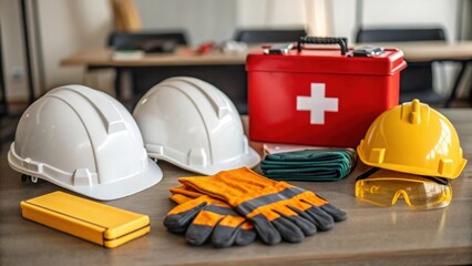 Poster - A closeup of various safety equipment laid out on a workbench including helmets gloves and a firstaid kit emphasizing preparedness for any situation.