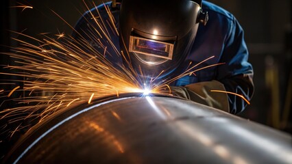 Aufkleber - A closeup of welding sparks flying as a worker uses a torch to seal a joint on a boiler the heat reflected in their protective gear and the surrounding area.