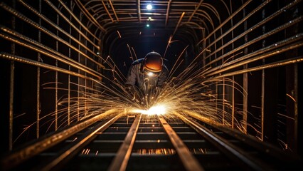 Aufkleber - A closeup of welding sparks flying as a worker joins metal pieces illuminating the dark tunnel and highlighting the craftsmanship involved in reinforcing the tunnel structure.
