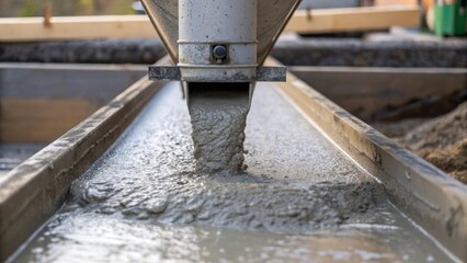 Poster - A closeup shot of a concrete mixer pouring freshly mixed concrete into a section of the canal capturing the flow and mixing process in action.