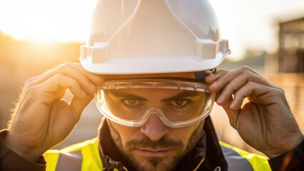Poster - A closeup shot of a helmeted worker adjusting his safety goggles with sunlight catching the lenses each detail showcasing the importance of eye protection onsite.