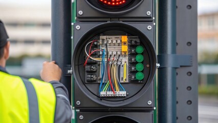 Aufkleber - A closeup shot of a modern traffic signal with multiple lights showing the intricate wiring inside the housing as a team member adjusts the internal components.